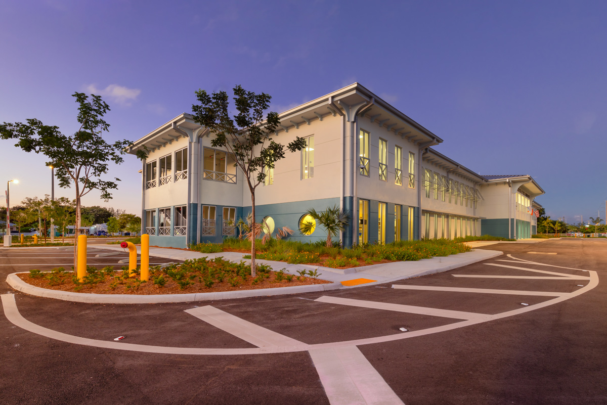 Architectural dusk view of the College of the Florida Keys in Key Largo, FL.